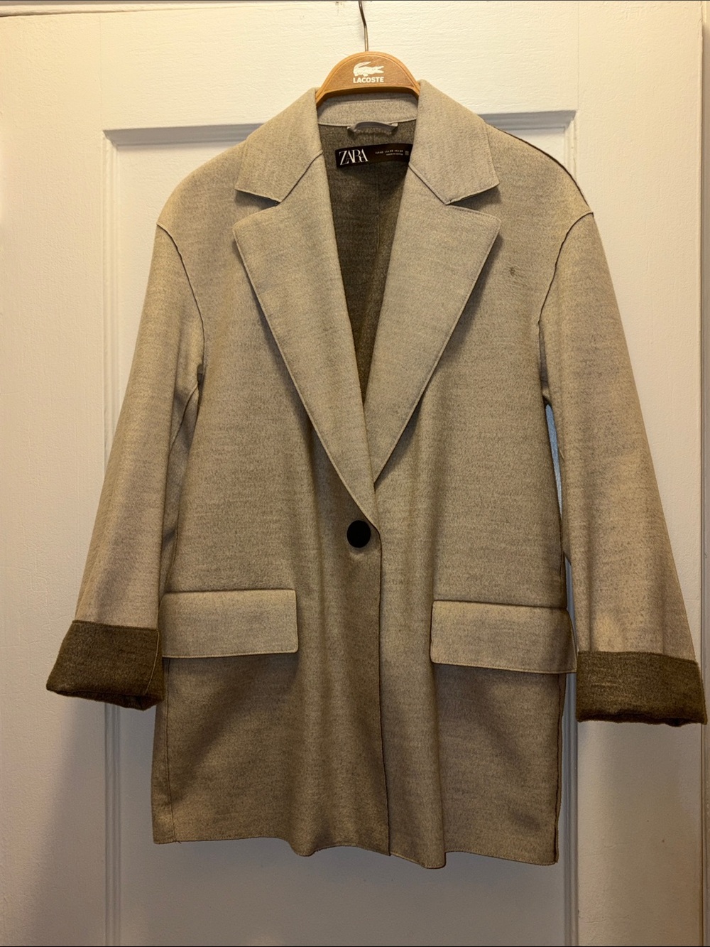 Zara Oversized Single-Button Blazer in Light Taupe with Dark Cuff Detail